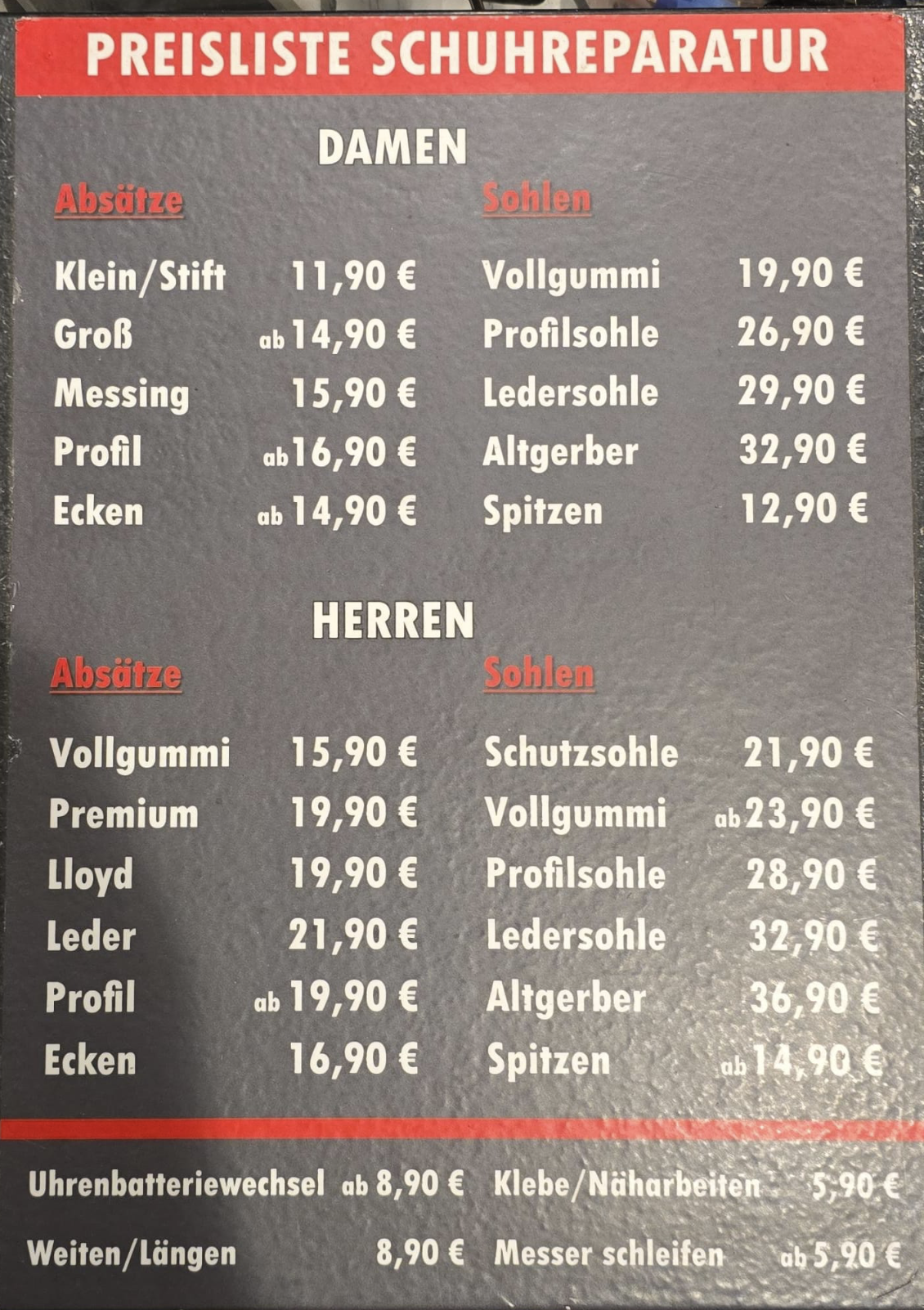 Preisliste Schuhreparatur